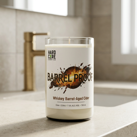 Barrel Proof candle on a limestone vanity