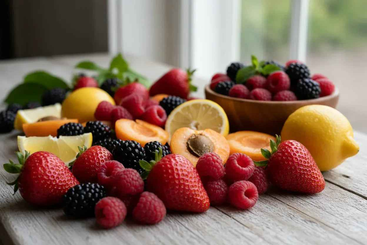 Fresh fruit for craft cider - strawberries, raspberries, blackberries, apricots, and lemons