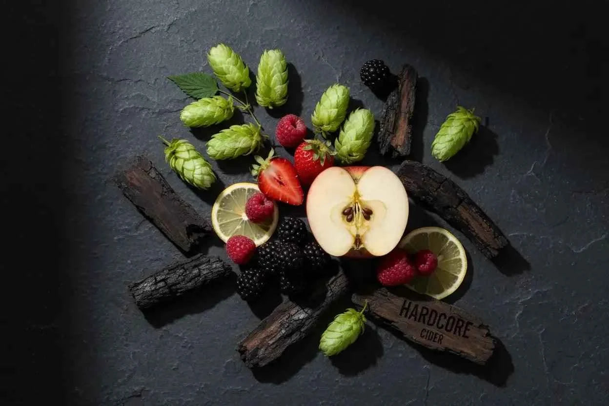 Raw ingredients - apple core, hops, berries, citrus, and barrel wood